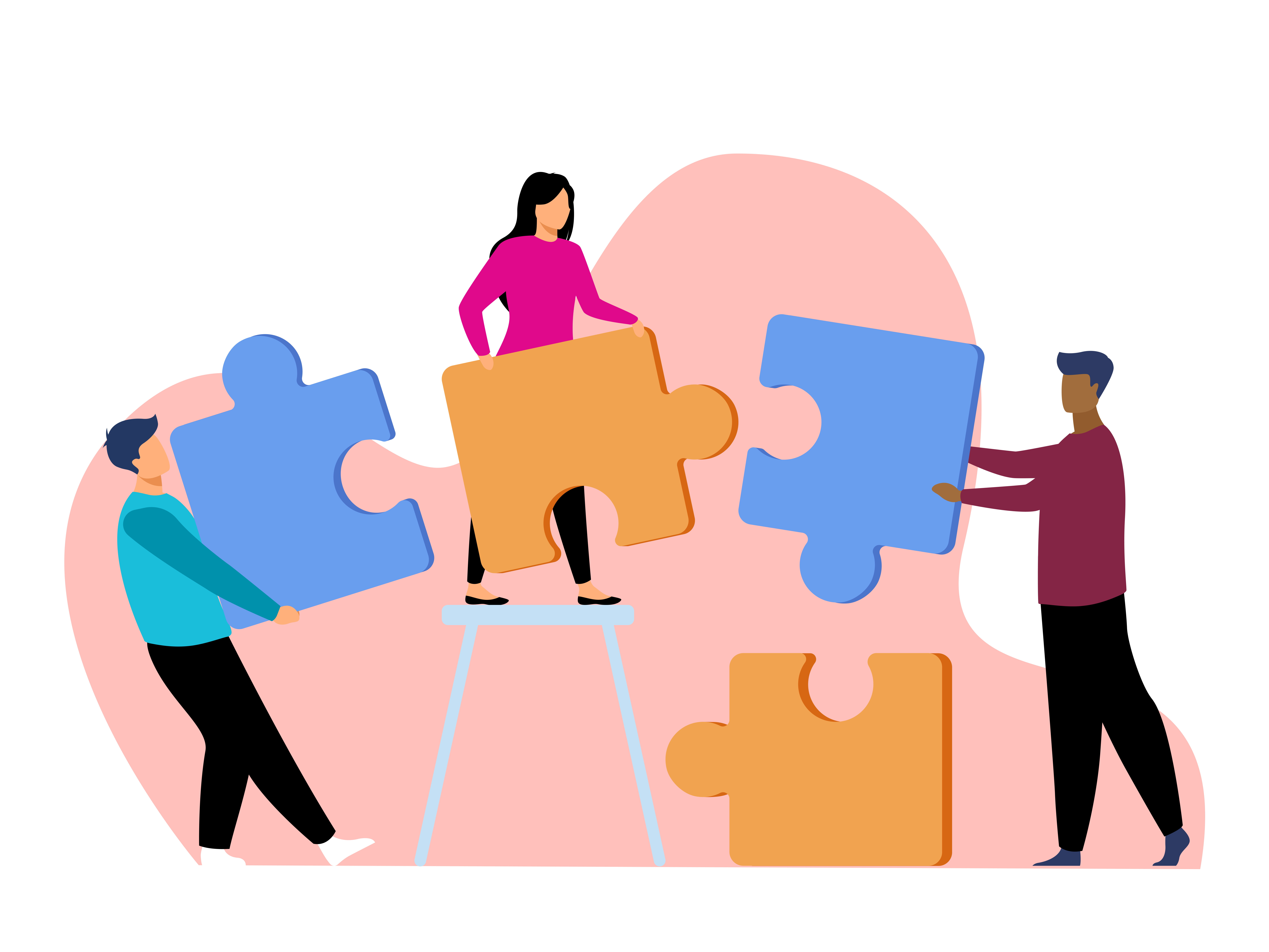 People connecting puzzle pieces; one stands on a stool.